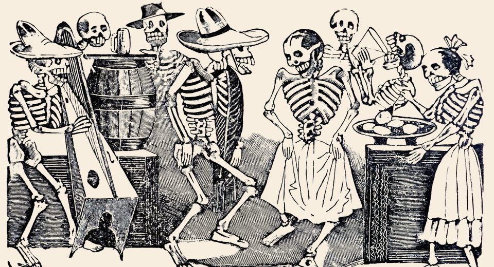 Engraving of dancing skeletons by José Guadalupe Posada