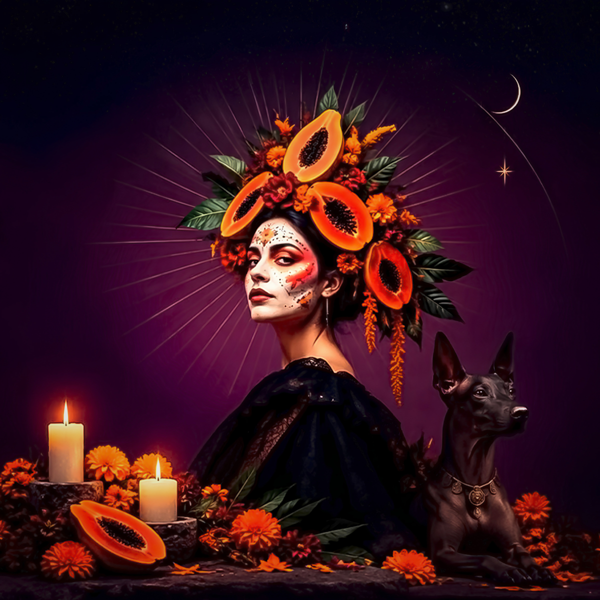 Portrait with a face painted as a catrina and a crown of papayas and marigolds